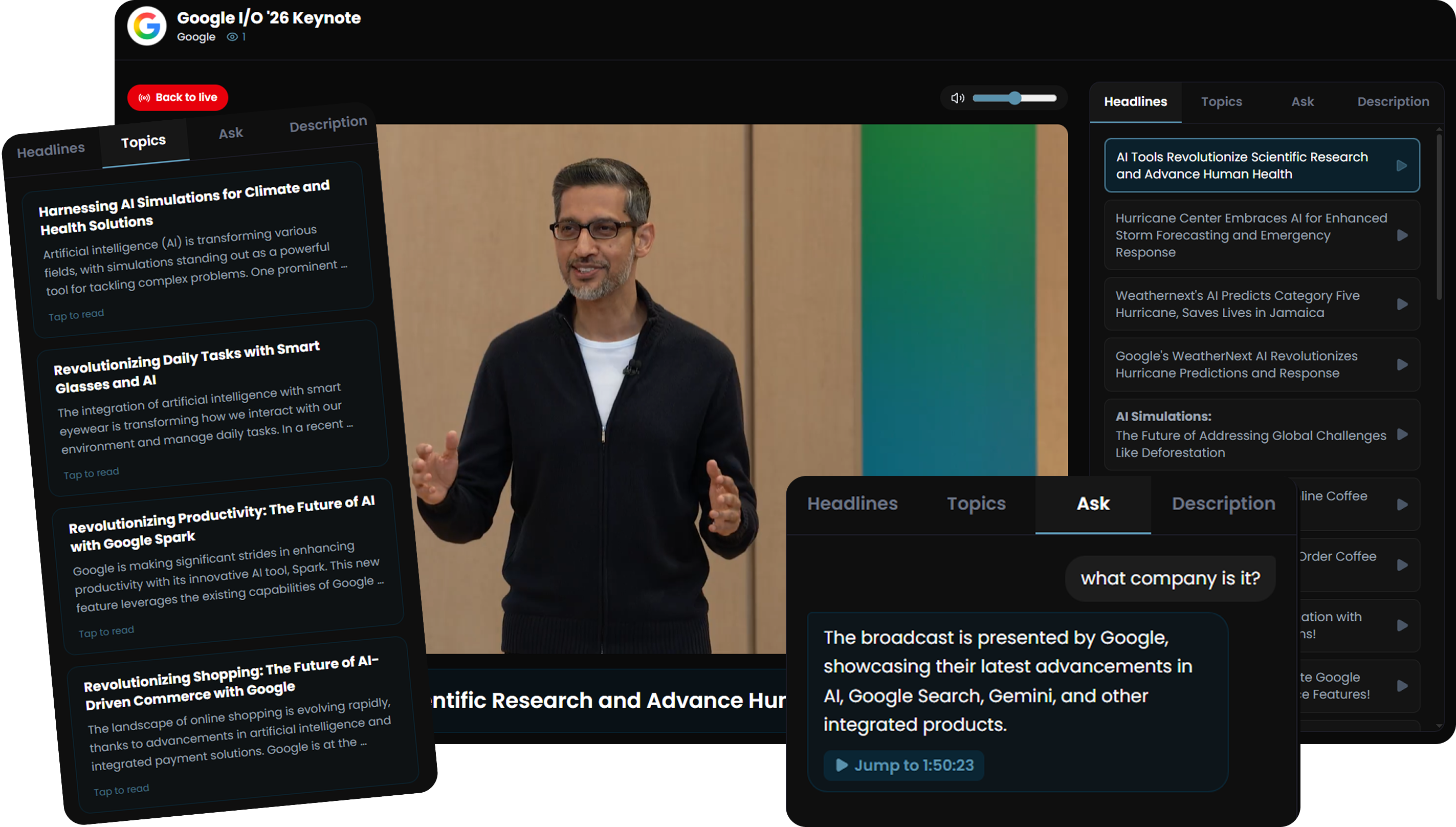 Mockup of a live conference feed showing real-time captions, automatic topic detection, and an AI chat panel for audience questions.