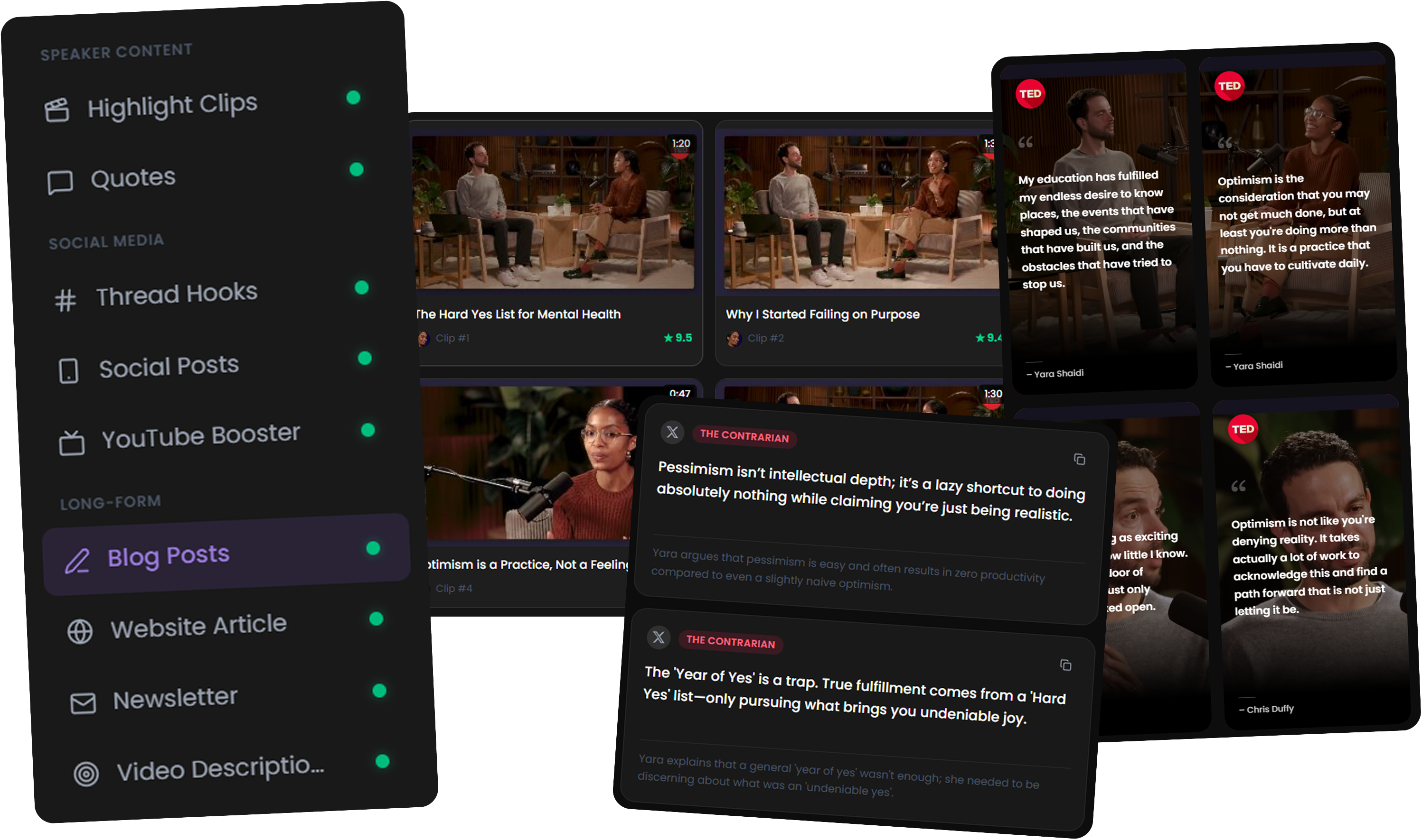 Mockup of a social media asset bank generated from a conference session, showing branded clips, quote cards, and ready-to-publish LinkedIn posts.