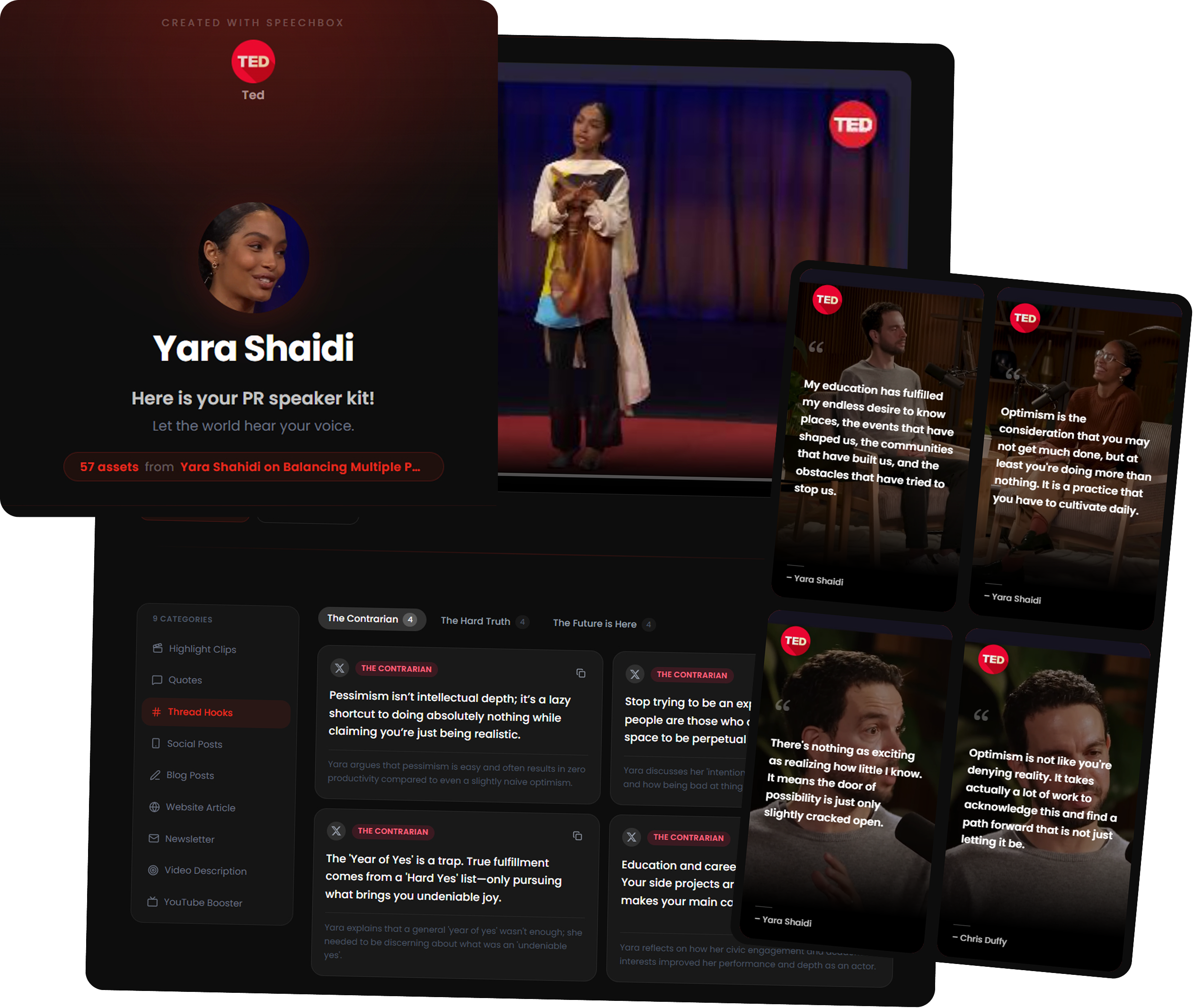 Mockup of a personalized speaker kit page showing highlight clips, branded quote cards, and ready-to-share social posts for one conference speaker.