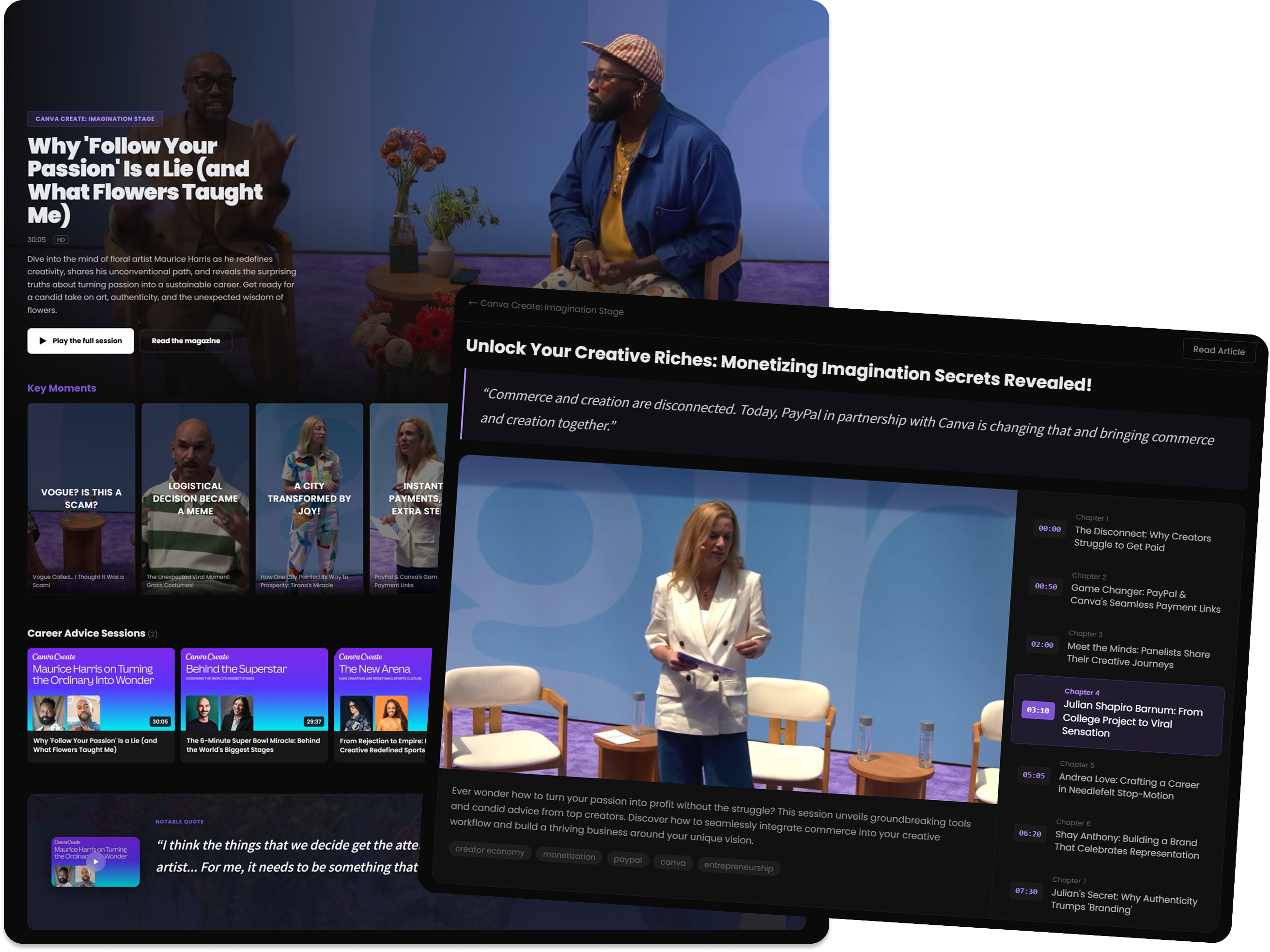 Mockup of a private Netflix-style conference showroom where audiences browse sessions by topic, speaker, and key moment after the event ends.