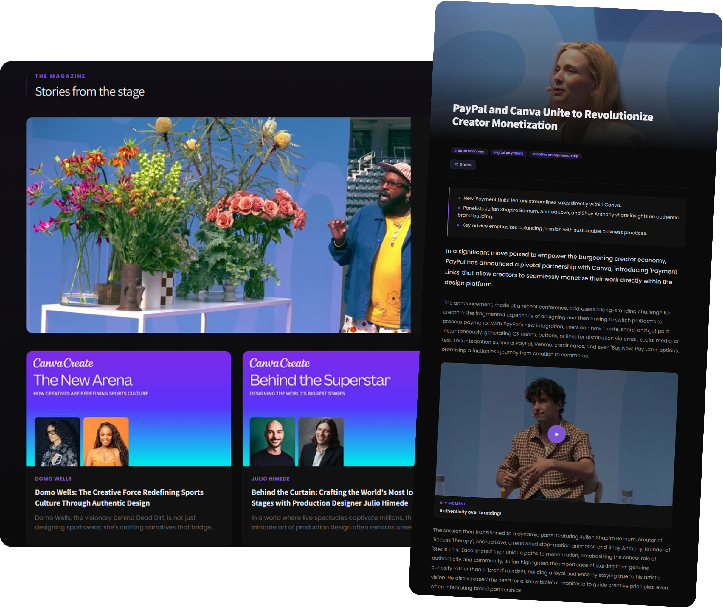 Mockup of new conference sponsorship inventory, showing sponsor placements inside highlight clips, quote cards, and post-event showroom pages.