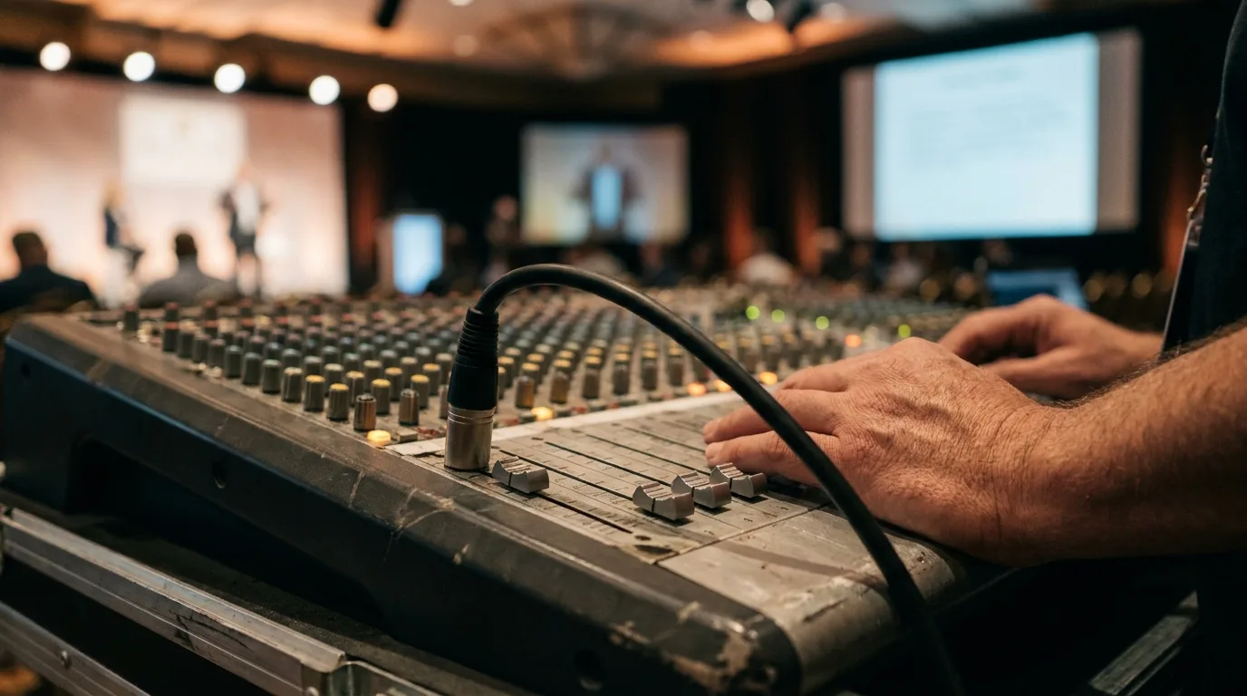 An audio cable plugged into an output on a conference mixing console, running out of frame toward the camera