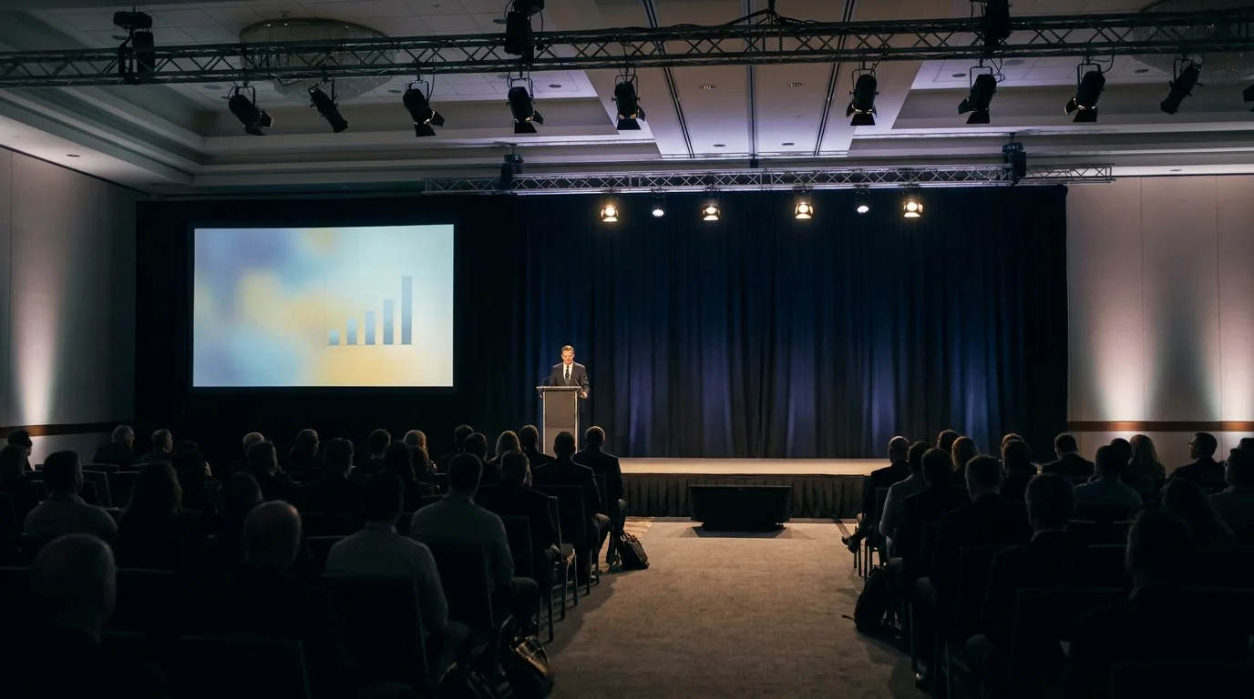 A widescreen frame of a whole ballroom with the speaker very small at a lectern in the distance