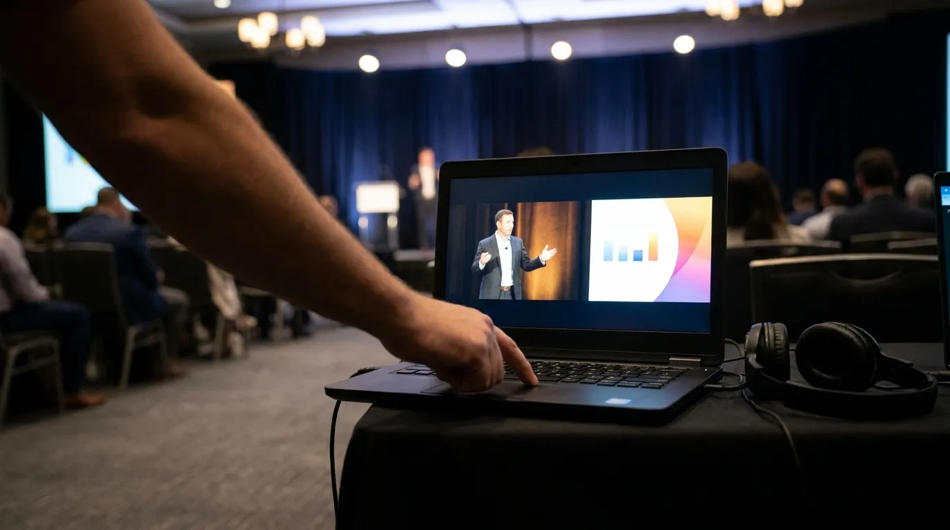 Over the shoulder of an operator: a finger about to press a key while the screen shows a speaker mid-gesture