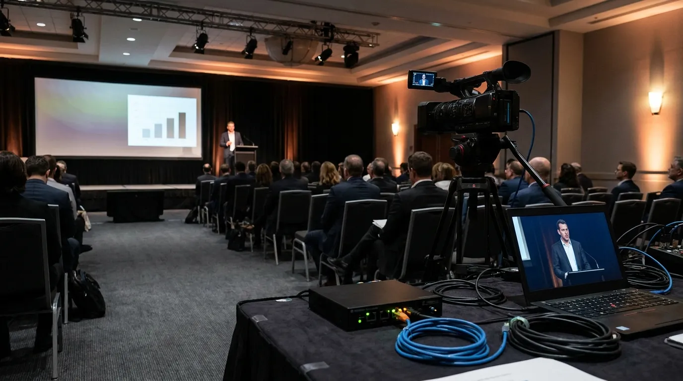 A production desk at the back of the hall: a camera on a tripod, a streaming encoder and a laptop showing the stage