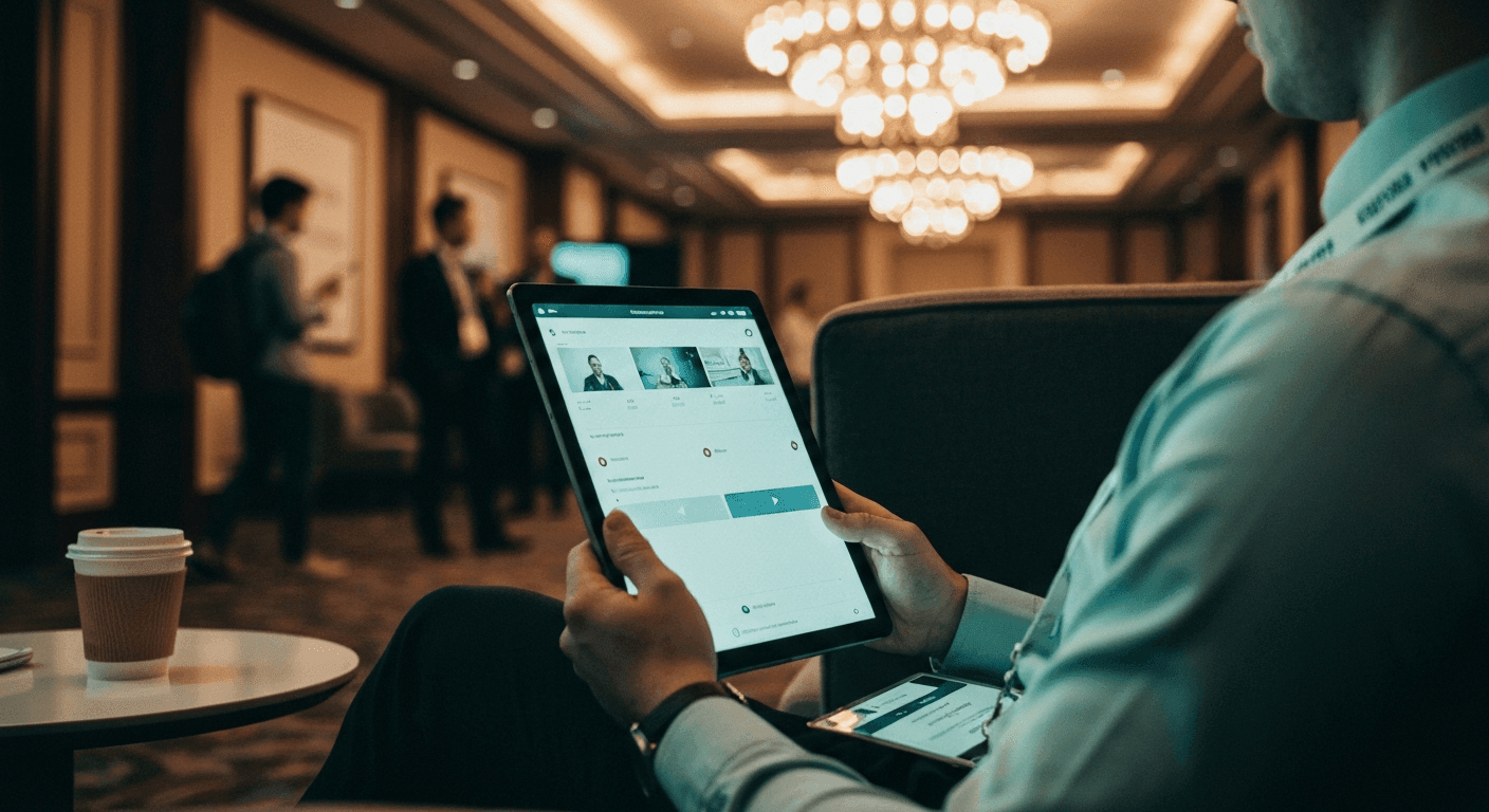 Conference attendee in a quiet venue lounge revisiting a session highlight on a tablet, lanyard still around the neck, soft amber lighting from the venue overhead
