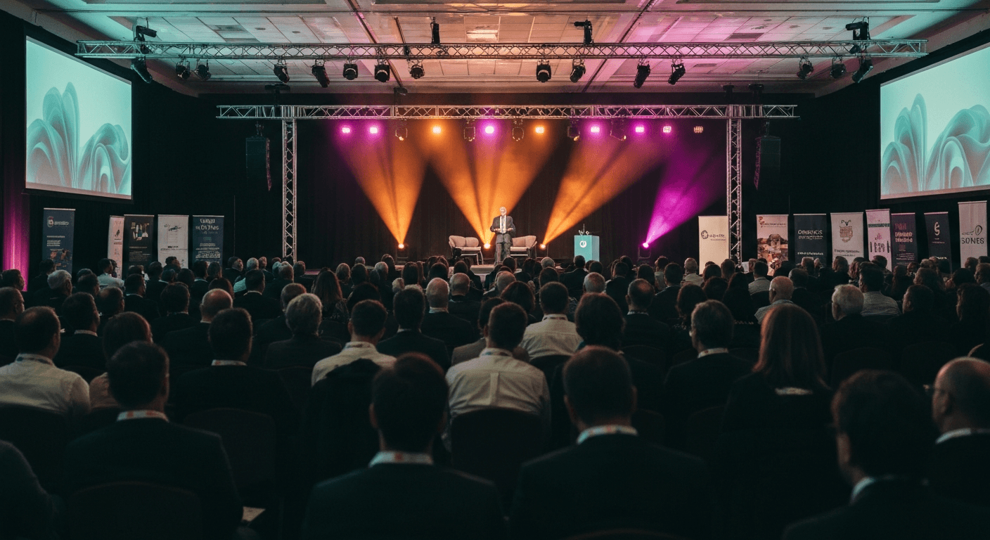 Wide view of a packed conference hall mid-keynote, attentive audience visible in the foreground, stage lighting framing the speaker, sponsor signage at the edges of the room