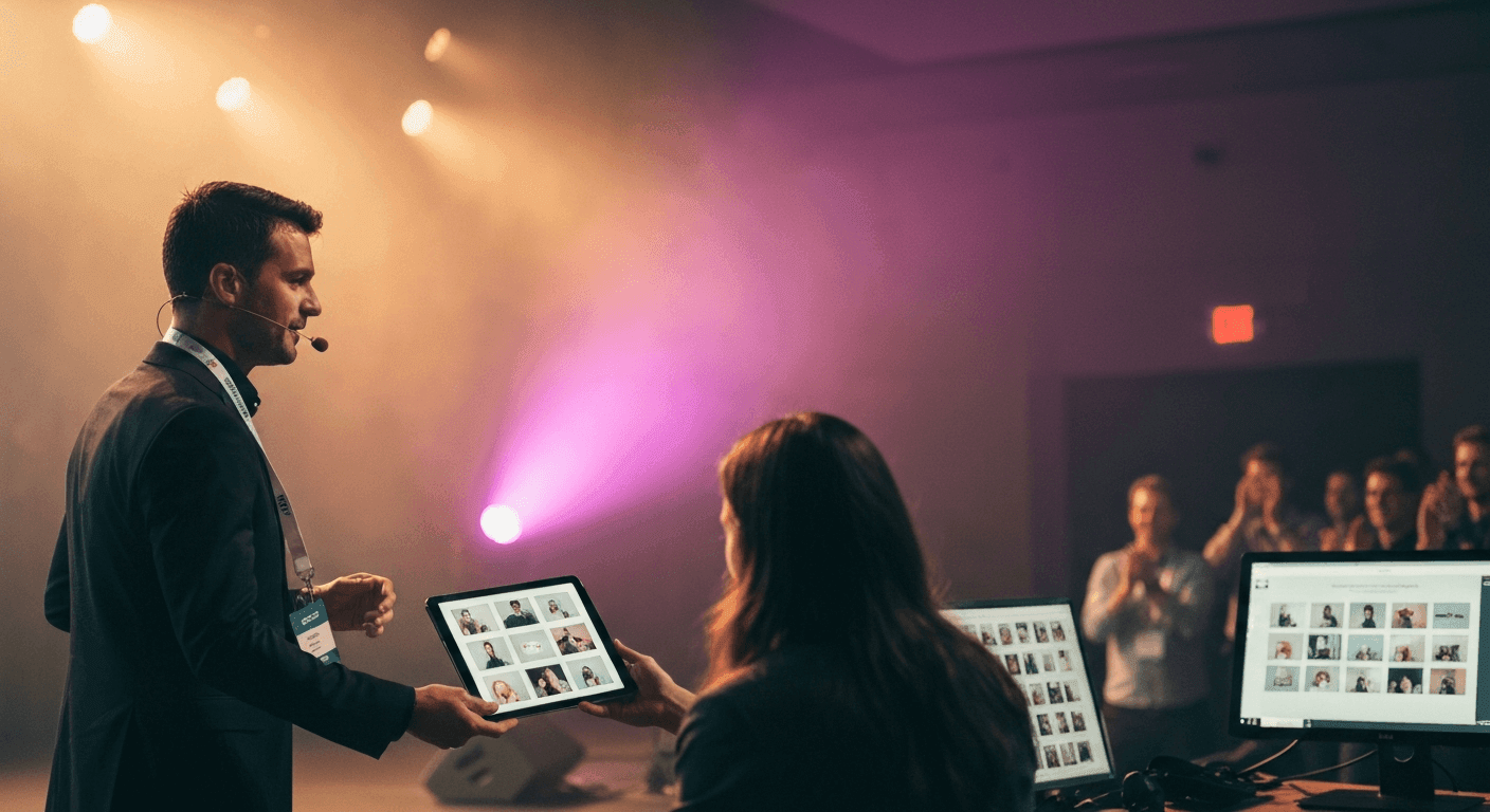 Keynote speaker walking off the side of a conference stage under amber lights, a content producer at a side-stage workstation handing them a tablet with finished assets