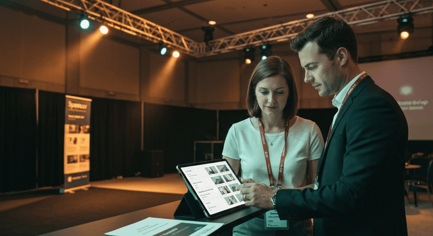 Sponsorship manager and conference organizer reviewing a showroom asset on a tablet at a side-stage workstation during a quiet moment in a venue, sponsor pull-up banner visible in the background