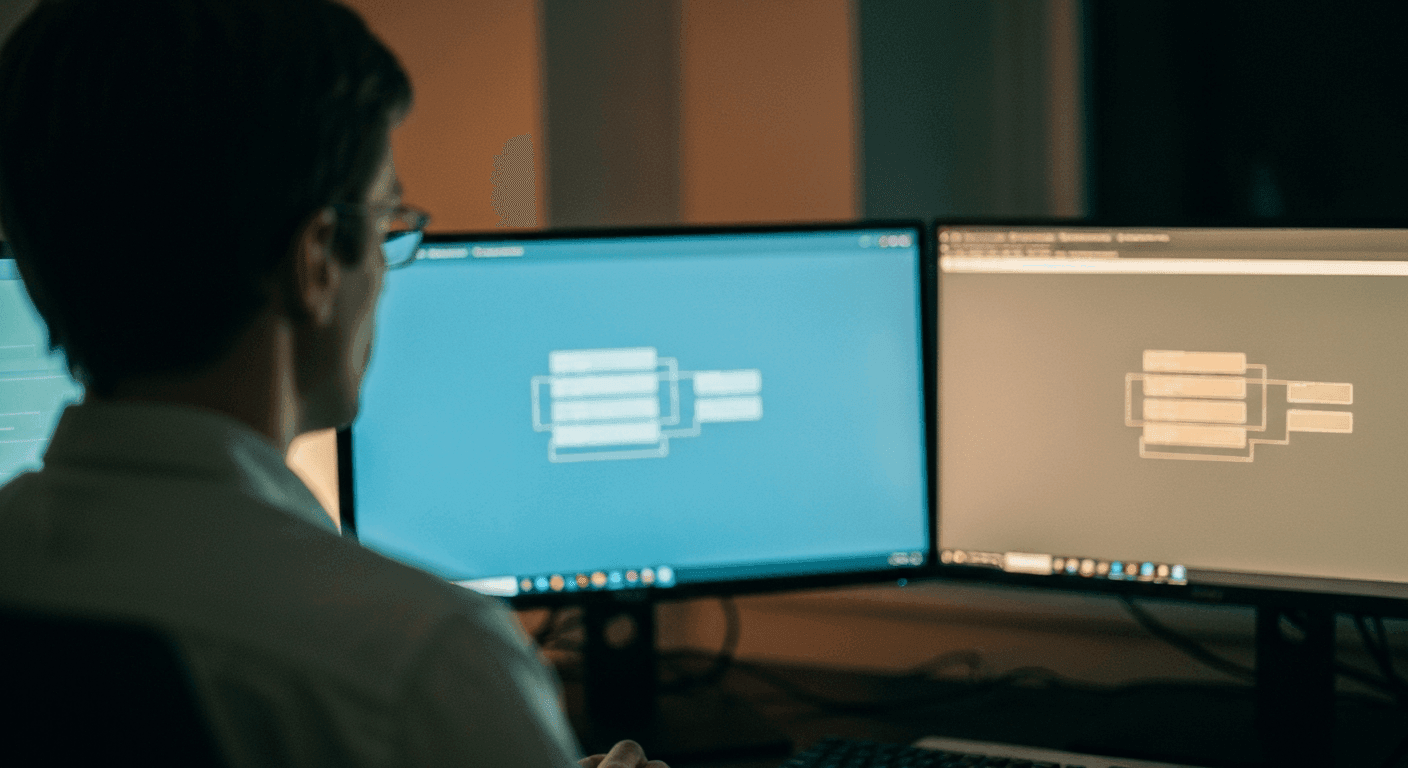 Editor at a multi-monitor setup reviewing abstract structured data layouts in soft blue and amber light