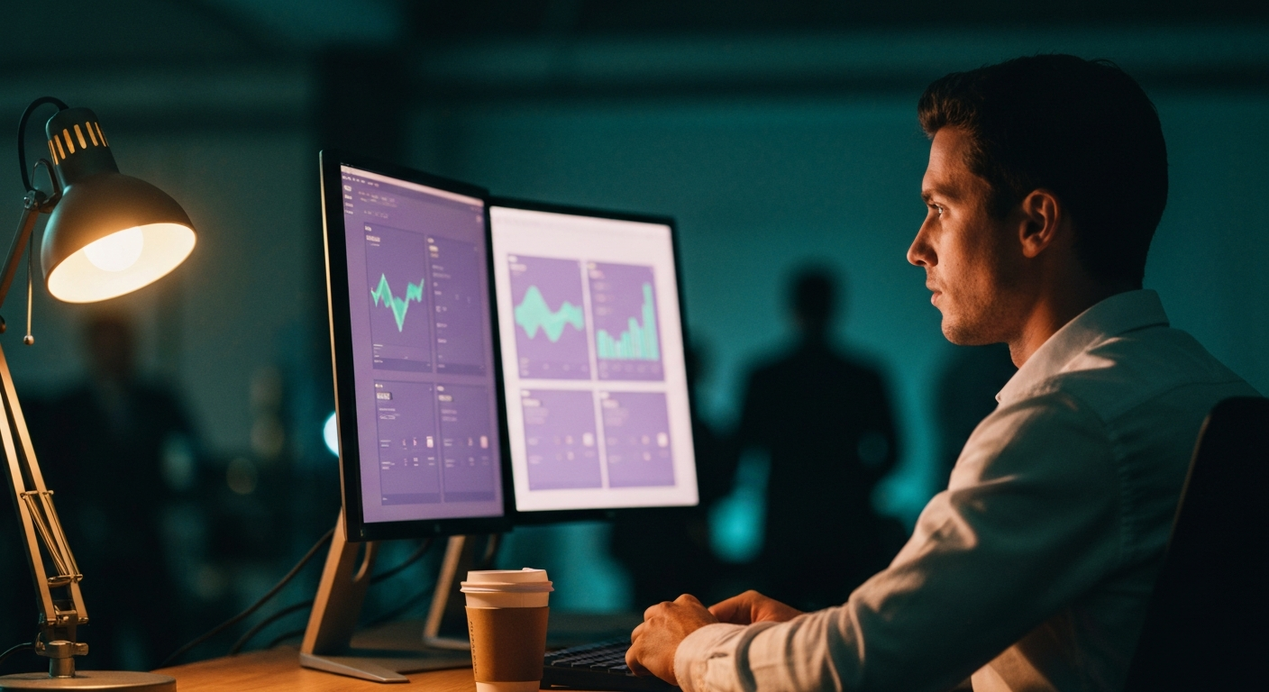 Professional at a dual-monitor workstation reviewing abstract data visualizations in soft purple light