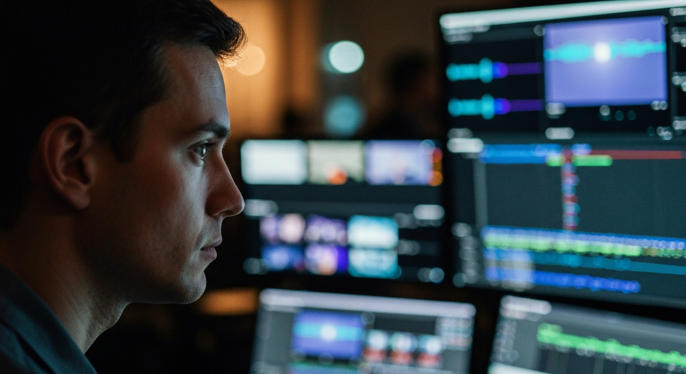 Focused video editor at a multi-monitor console reviewing footage