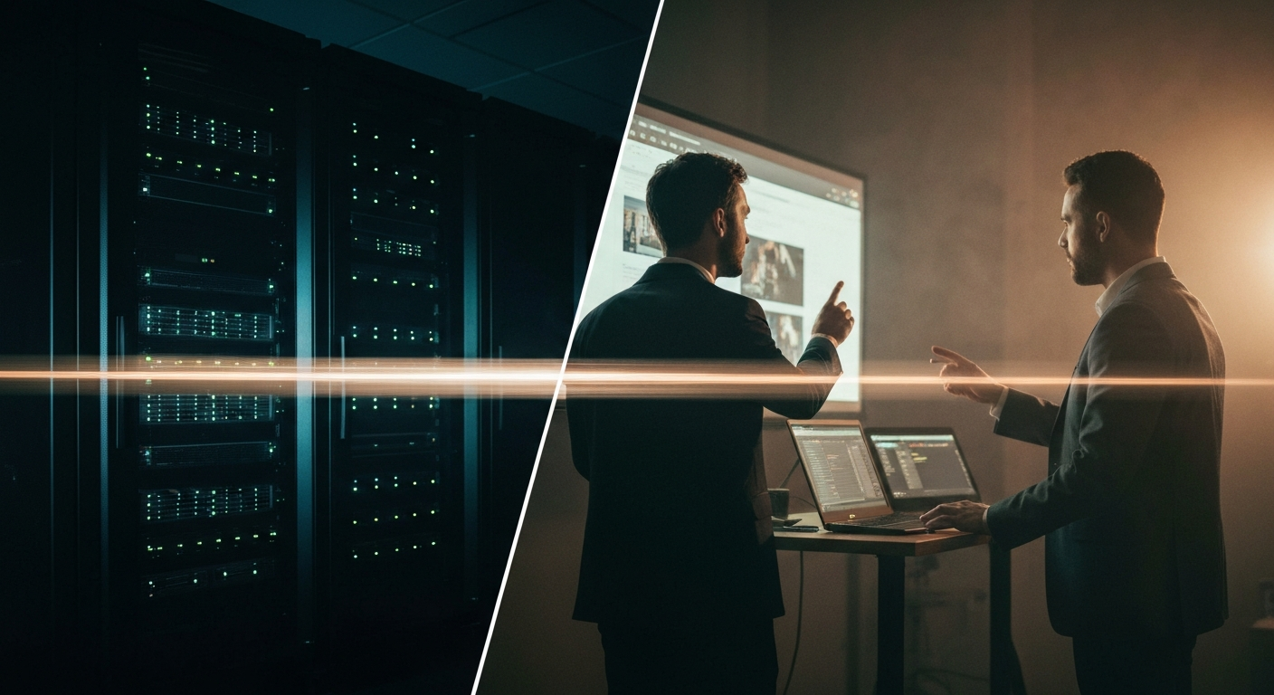 Conceptual image of automated systems and human review connected through soft light streaks