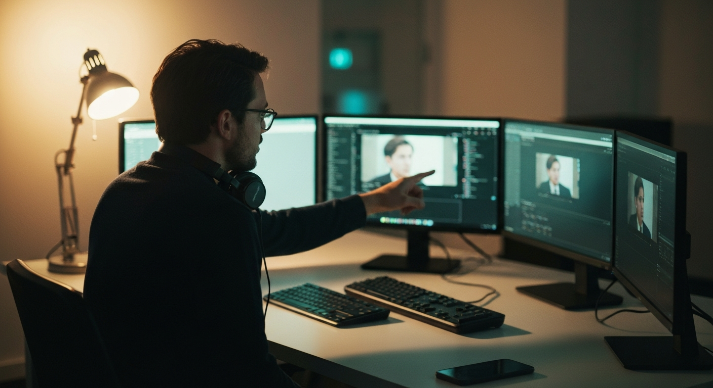 Creative producer pointing at side-by-side monitors at a clean studio workstation