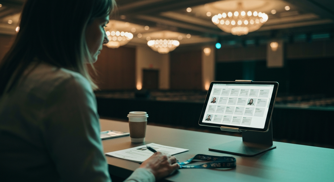 A conference organizer at a planning table reviewing the live archive of session pages on a tablet, each page showing structured content blocks with speaker name fields, topic markers, and entity metadata sections