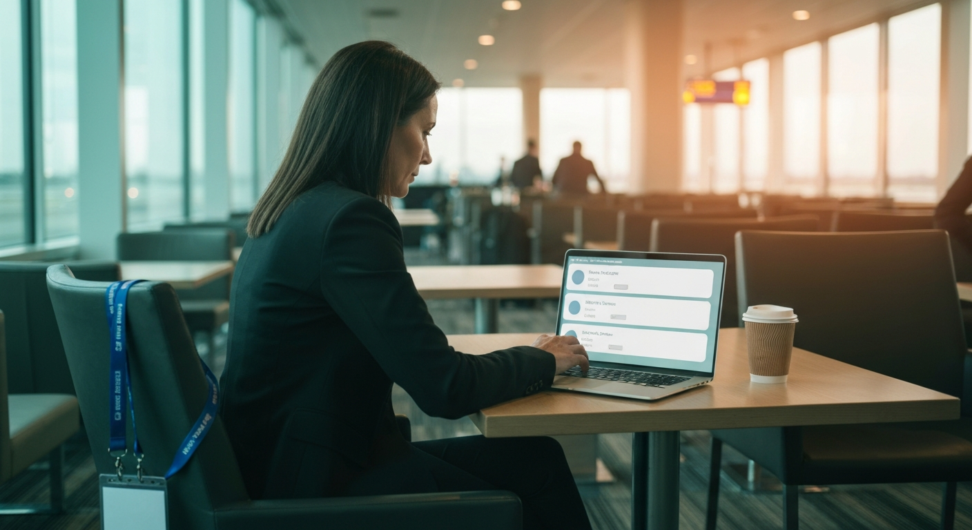 A marketing leader at an airport lounge table with her laptop open, reviewing a list of recommended industry conferences in an AI chat tool while waiting for her flight