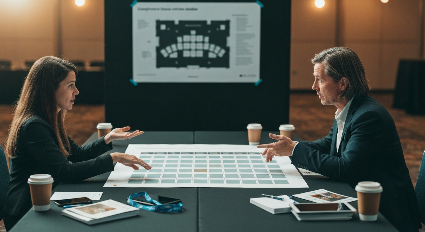 Conference producer and content lead in a planning meeting at a long table with a content production calendar laid out between them, a venue floor plan pinned to the wall, both gesturing at session deliverables on the calendar