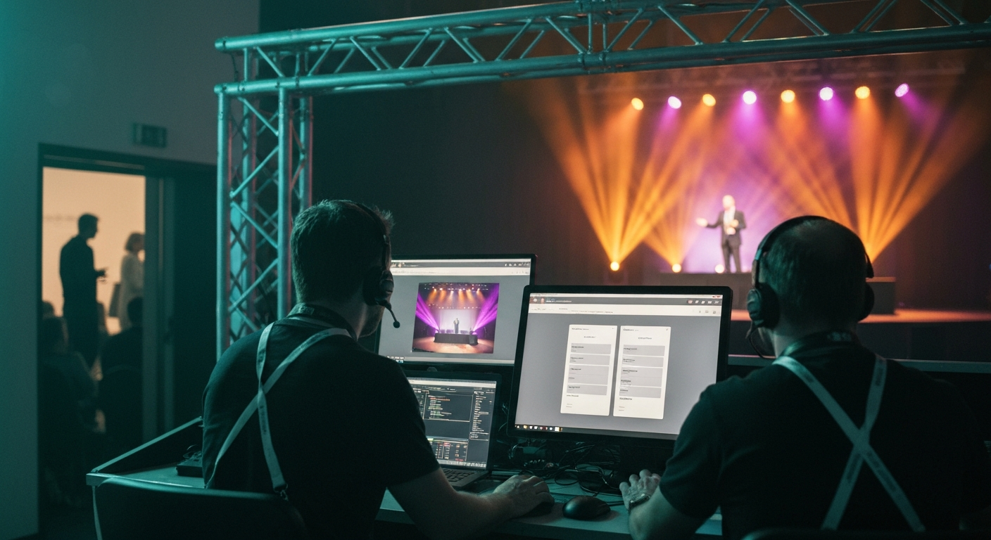 Side-stage production workstation during a live conference broadcast where two operators are publishing structured session pages in real time, with each page showing abstract layout placeholders and entity metadata fields