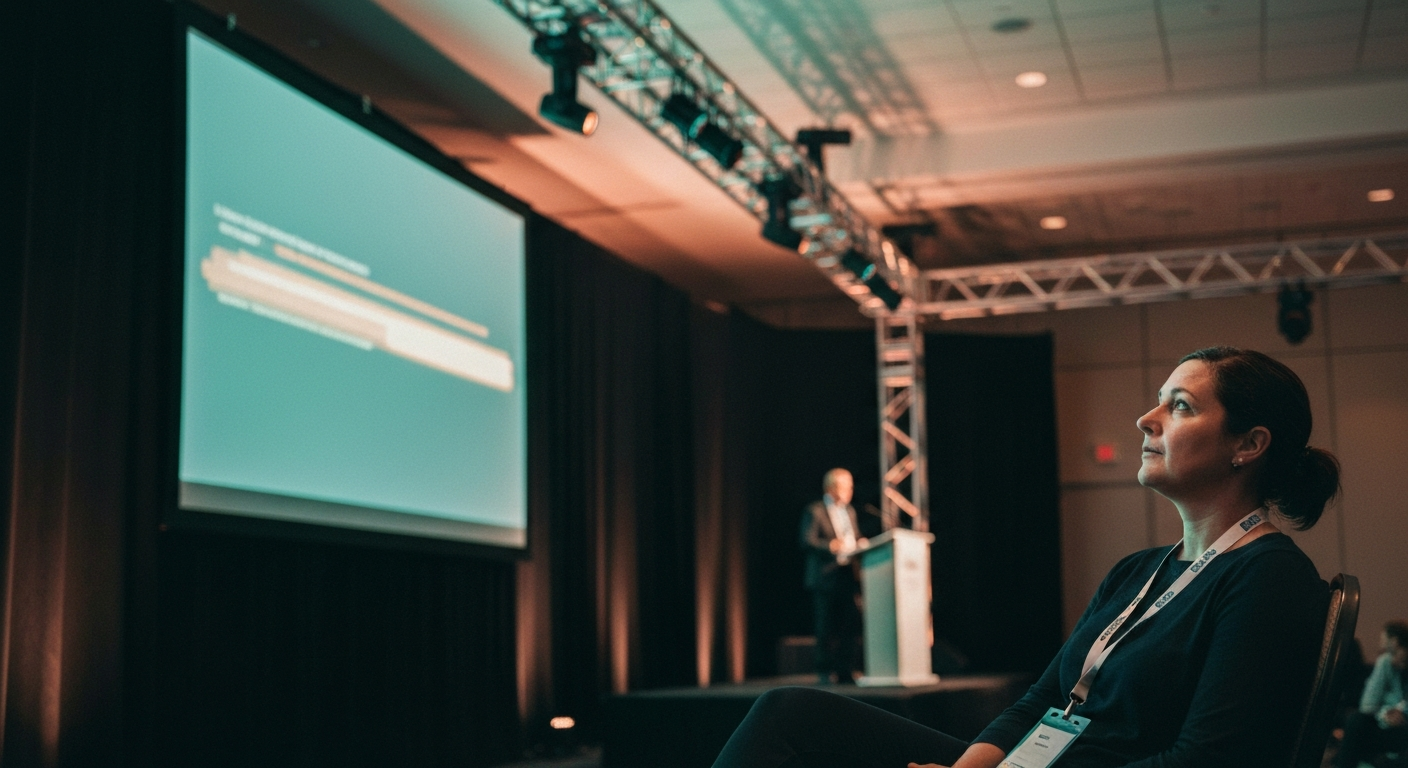 Hard-of-hearing attendee in a conference session reading large live captions displayed on a side-stage screen