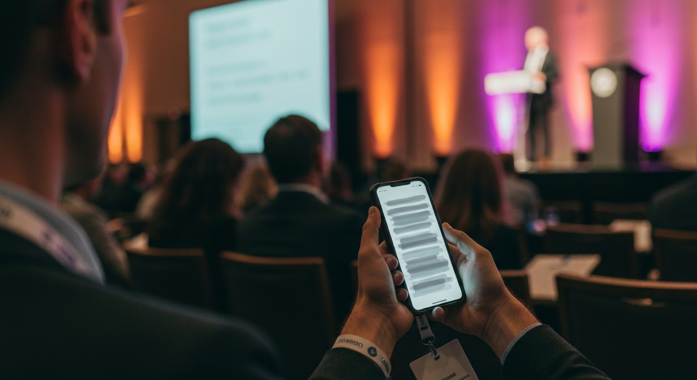 Conference attendee in a session room following a live caption feed on their phone while a speaker presents under stage lighting