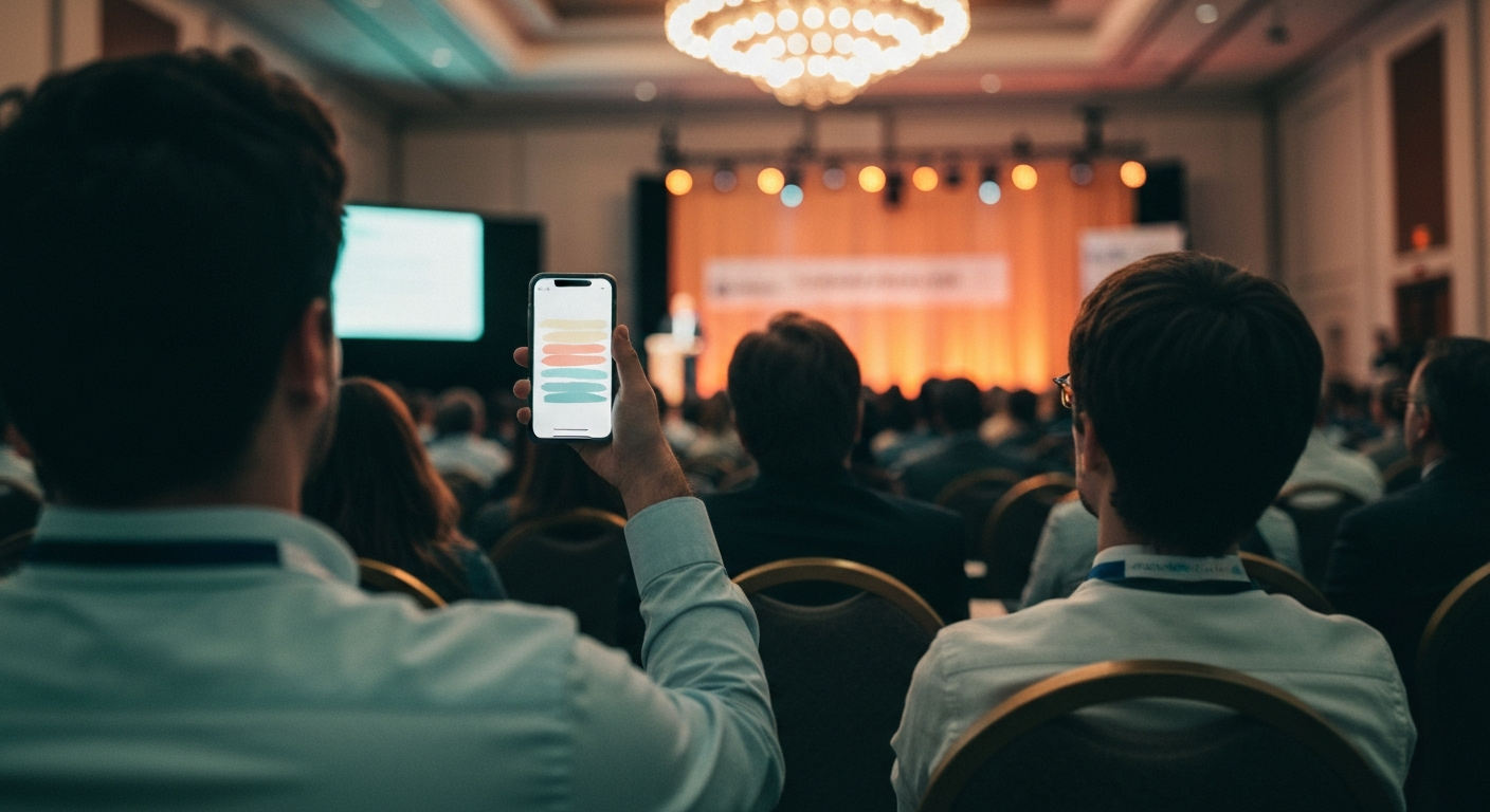 International attendee in a packed conference session holding a phone showing translated live captions of the talk