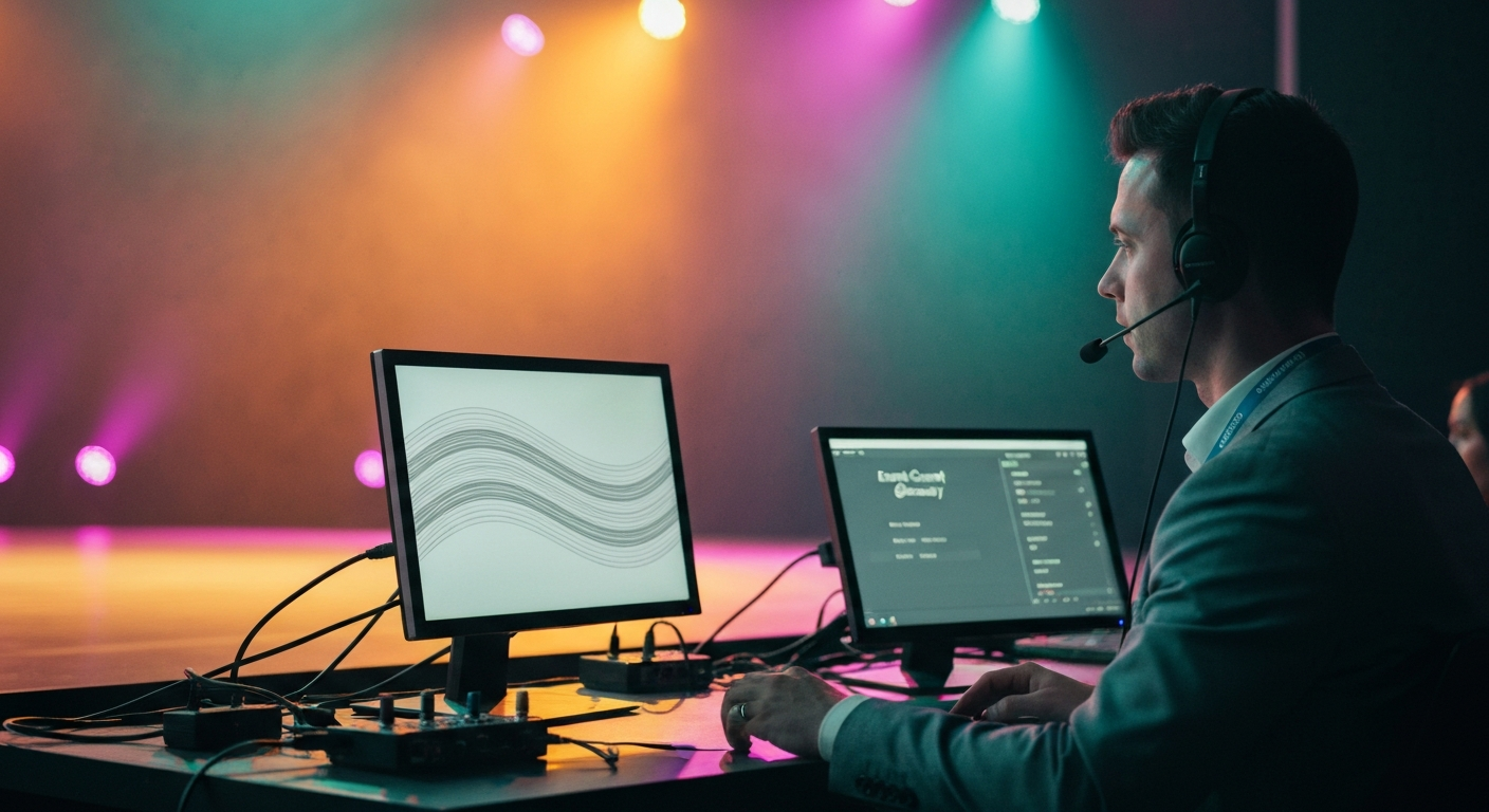 Content producer at a side-stage workstation reviewing a live caption feed on a monitor during a conference session