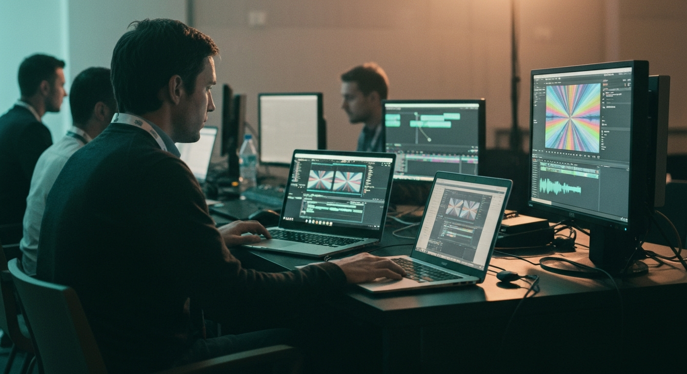 Backstage production team reviewing session content during a live event