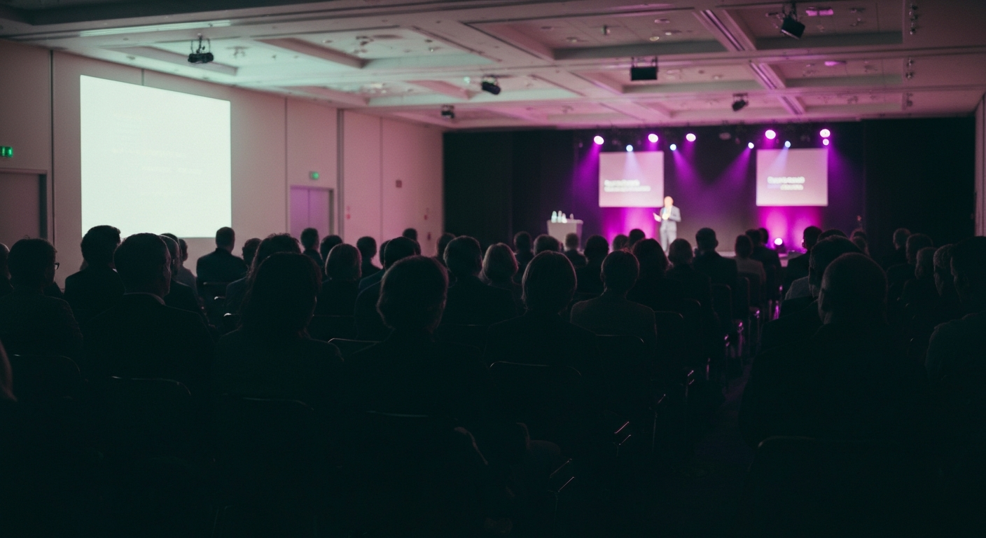 Wide view of a packed conference hall during a keynote, with stage lighting and an attentive audience