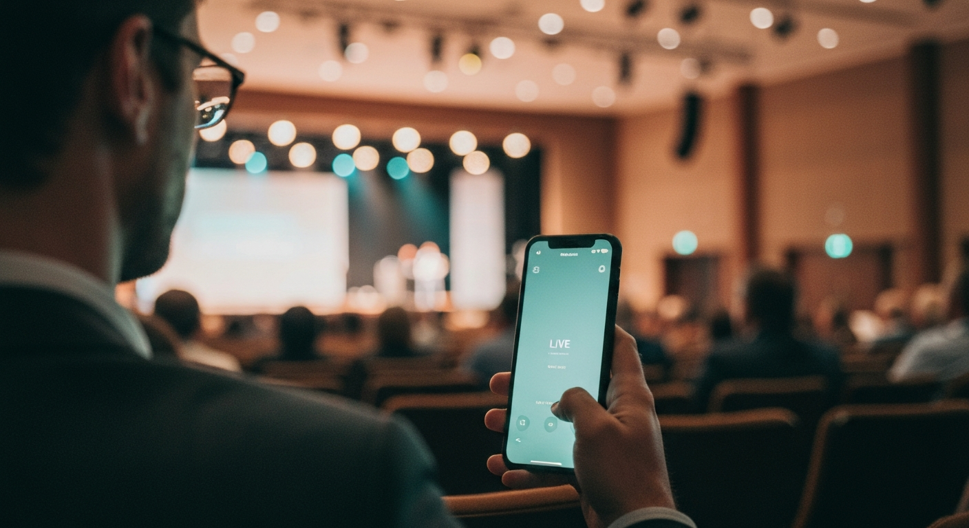 Conference attendee following a live event feed on their phone in the auditorium