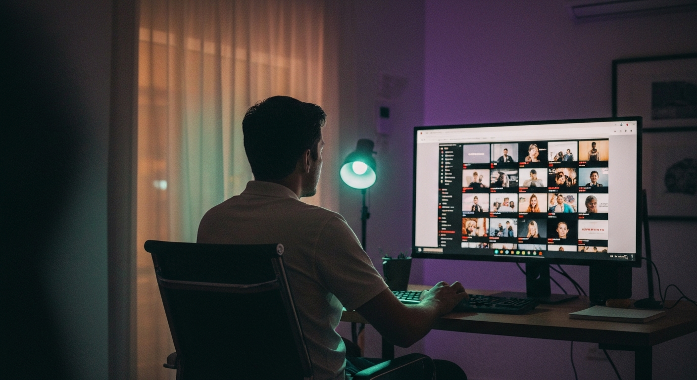 Person browsing a Netflix-style video library of conference sessions at home