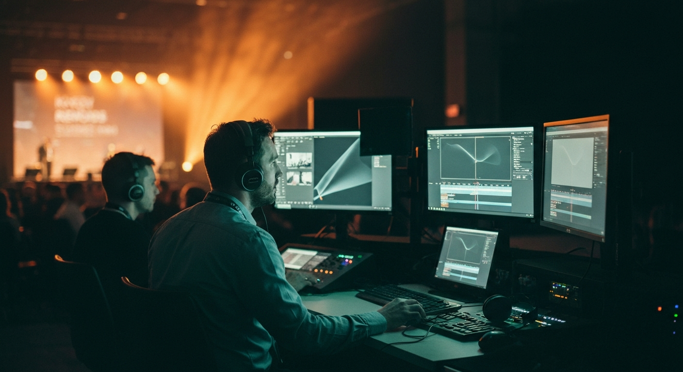 A side-stage production area at a conference during a live session, two producers at a multi-monitor workstation cutting and captioning footage in real time, stage lighting visible in the background beyond the desk