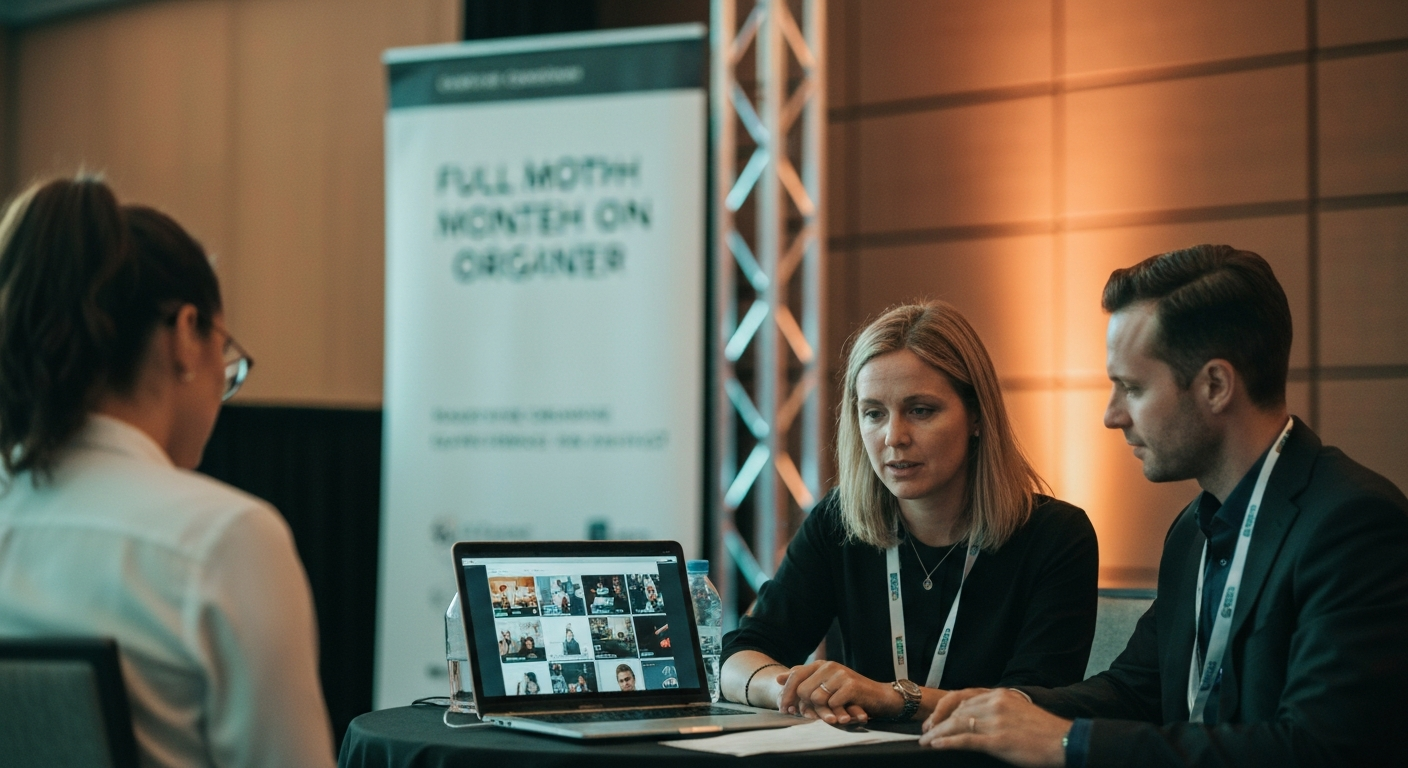 A conference organizer and a marketing lead reviewing a full month of content assets on a laptop at a quiet venue table after an event, soft amber lighting, event signage out of focus behind them