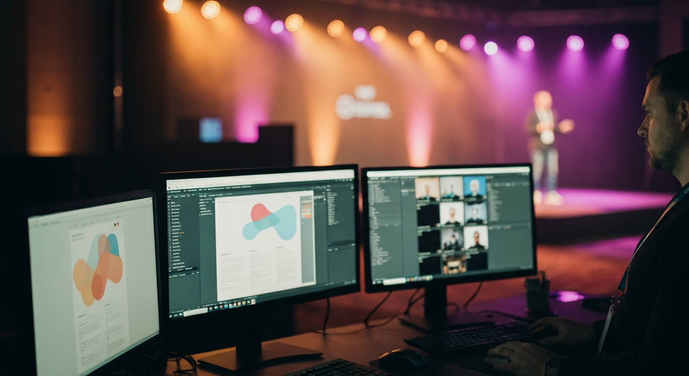 A content producer at a side-stage workstation during a conference, publishing social posts and clips on a multi-monitor setup while a speaker presents on the main stage in the soft-focus background, lanyard around the neck