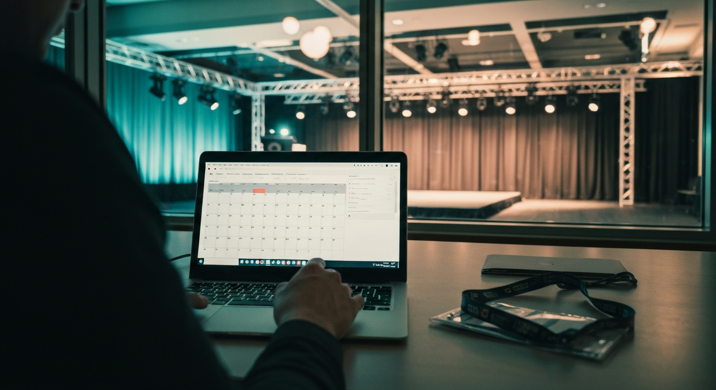 A marketing lead reviewing a sparse content calendar on a laptop in a quiet venue press room, the empty conference stage visible through a glass wall behind, warm low lighting