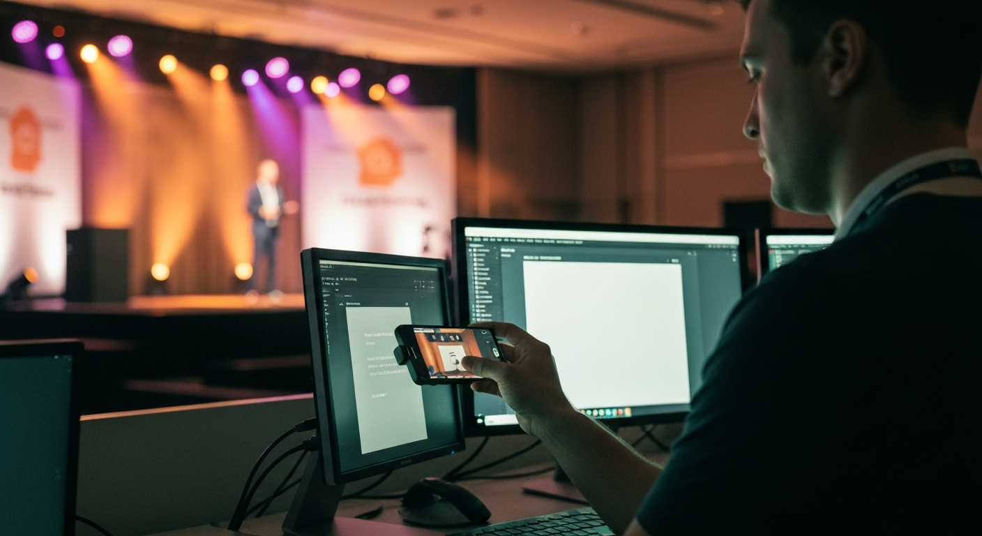 A content producer at a side-stage workstation during a conference, publishing a vertical captioned clip to a social feed on a phone propped beside the monitors while a speaker presents on the main stage in the soft-focus background, lanyard around the neck