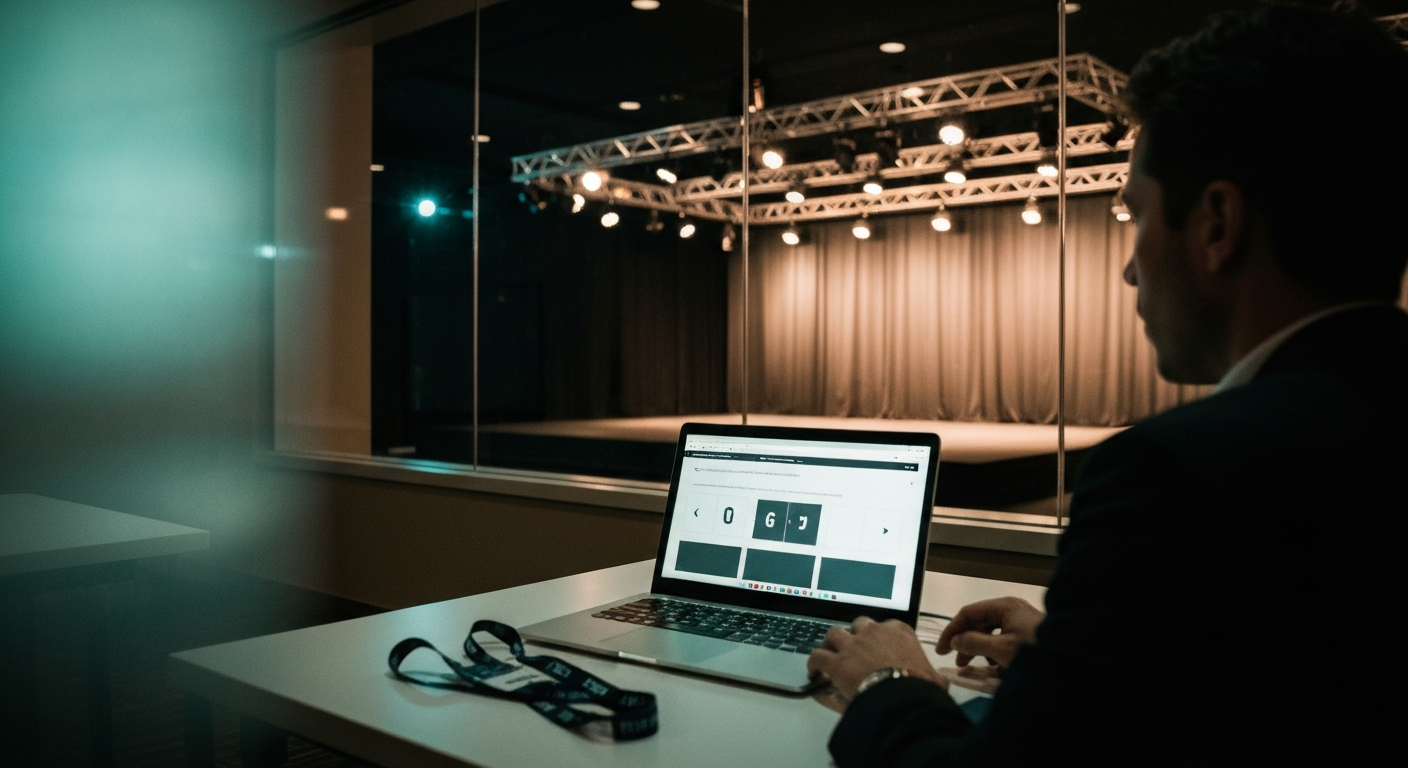 An event marketer at a venue press room table designing pre-event promotional graphics on a laptop, an empty conference stage visible through a glass wall behind, warm low lighting, lanyard on the table