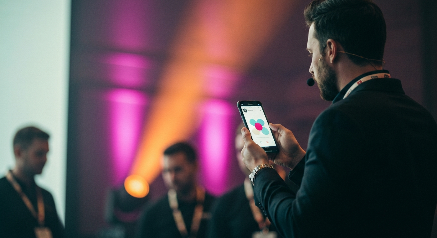 A keynote speaker just off the main stage at a conference, holding a phone and resharing a quote card to a social feed in the moment, lanyard around the neck, magenta and amber stage lighting glowing behind in the soft-focus background