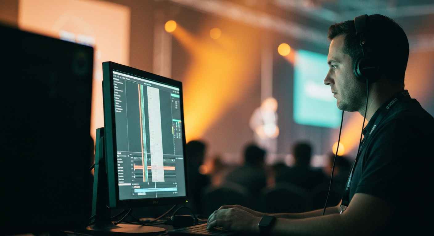 A side-stage production area at a conference during a live session, a producer at a vertical monitor cutting and captioning a portrait-orientation clip in real time, stage lighting visible in the background beyond the desk