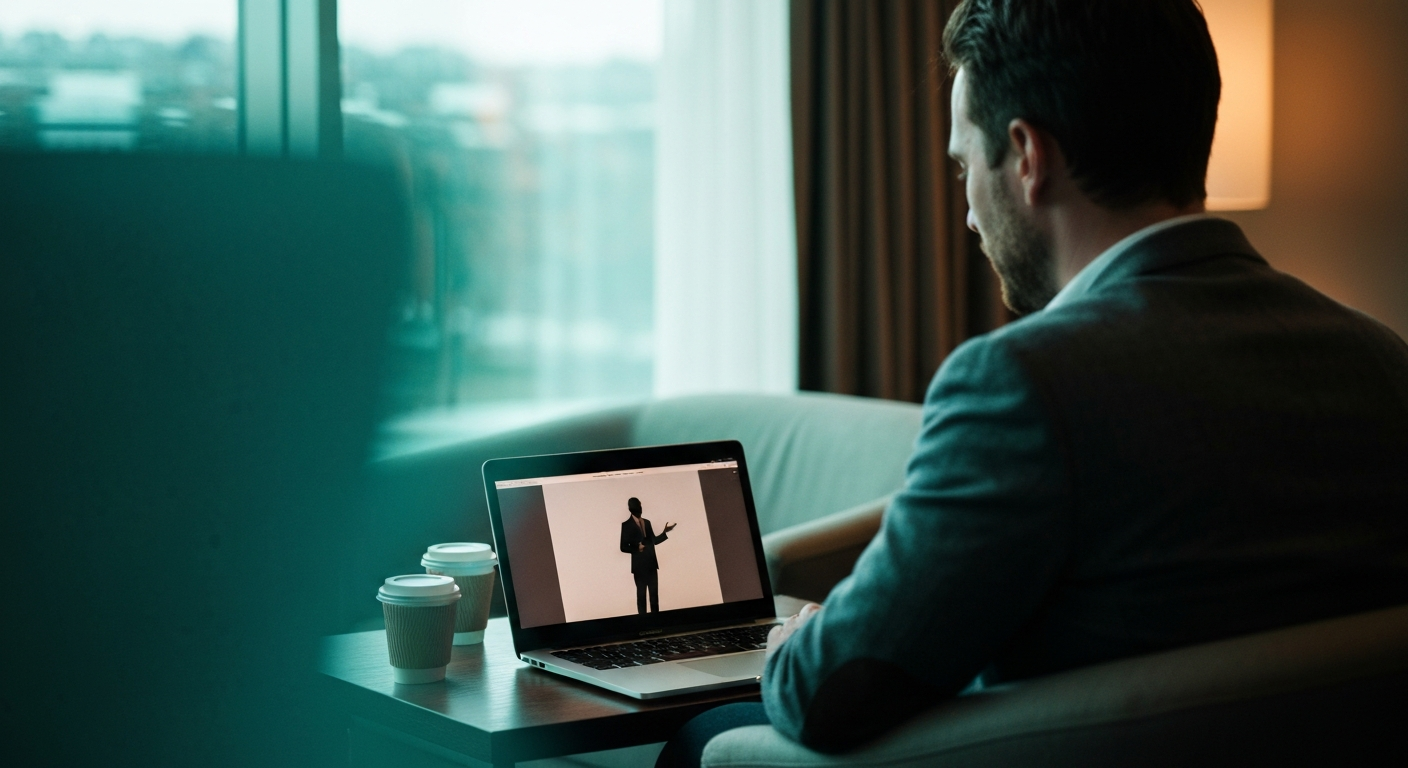 Speaker reviewing a branded highlight clip on a laptop after a session