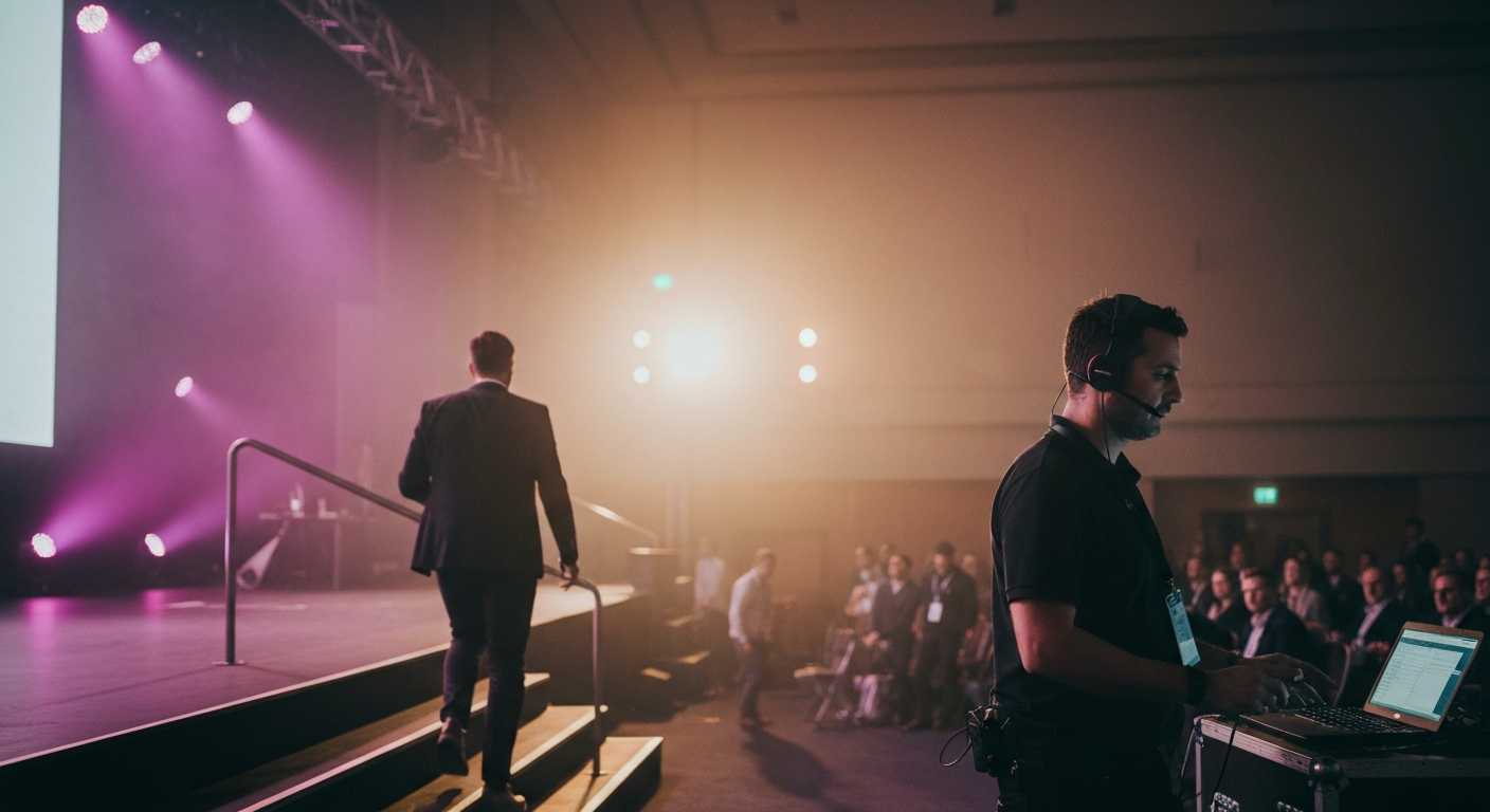Speaker walking off stage as the production team begins post-session work
