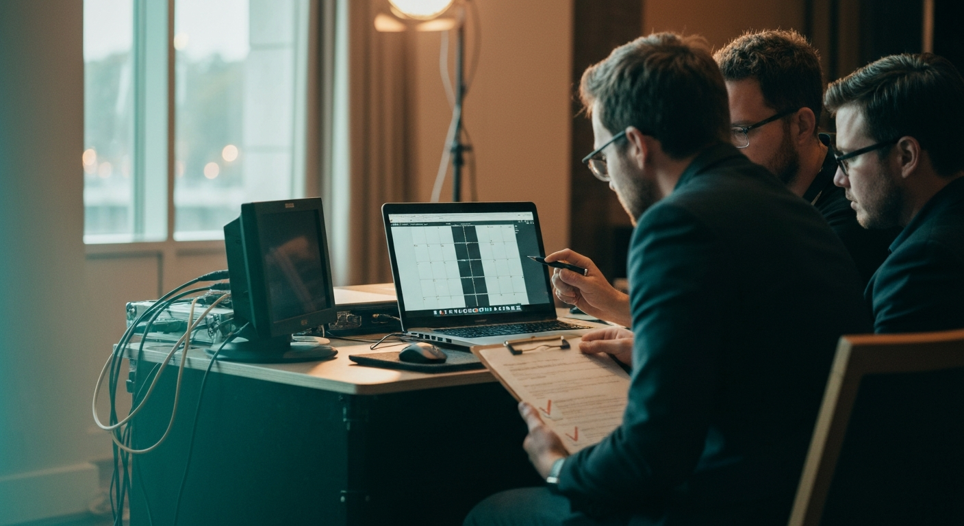 Conference content team reviewing speaker deliverables on a laptop backstage