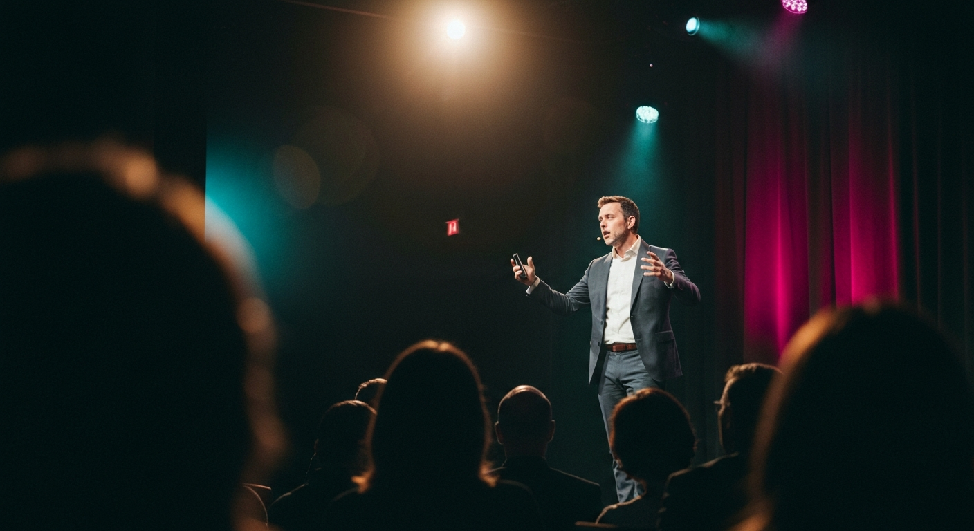 Professional speaker mid-gesture on a conference stage under theatrical lighting