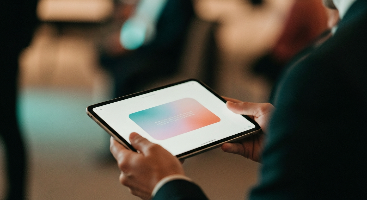 Tablet displaying an abstract branded quote card design