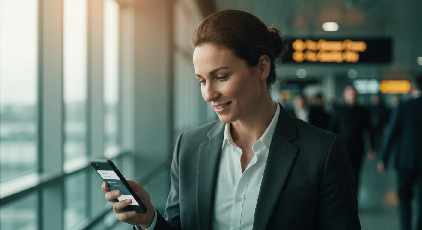 Professional in transit looking at their phone with a satisfied expression