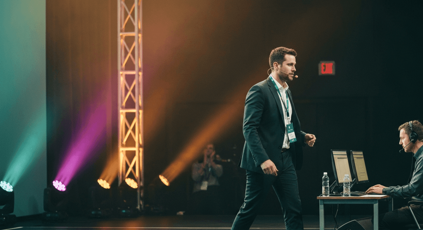 Conference speaker walking off the keynote stage as the content team begins capture on a side-stage workstation