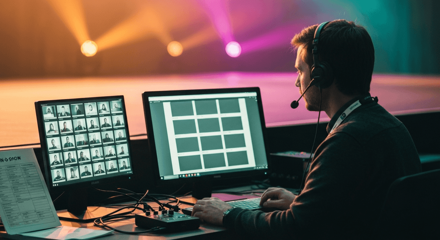 Content producer at a side-stage workstation reviewing speaker clip candidates moments after a session ended