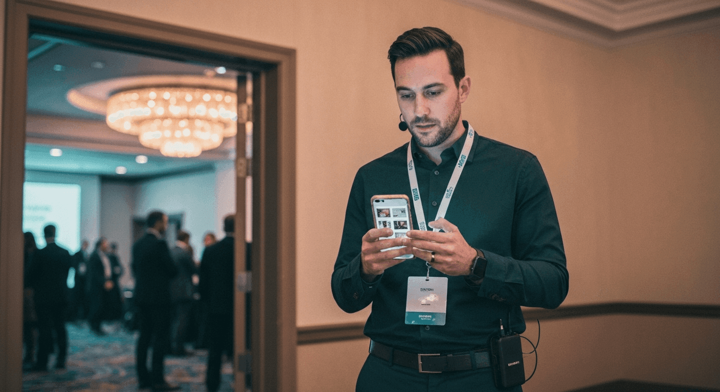 Keynote speaker checking the speaker kit on a phone in a conference hallway minutes after stepping off stage