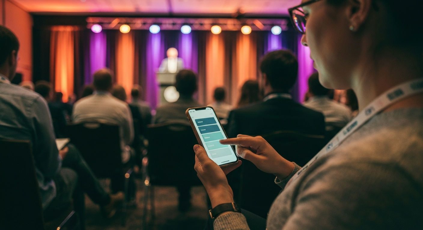 Conference attendee seated in a session row tapping through the topic navigation on her phone screen, with the lanyard visible around her neck and the speaker mid-sentence on stage in the background