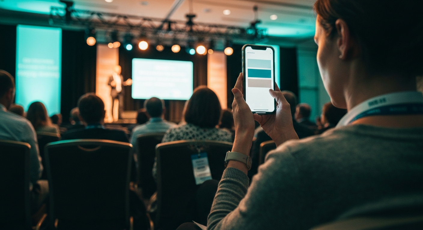 Conference attendee in a session room following the live feed on her phone during a keynote presentation, with the speaker visible on stage in the background under warm stage lighting