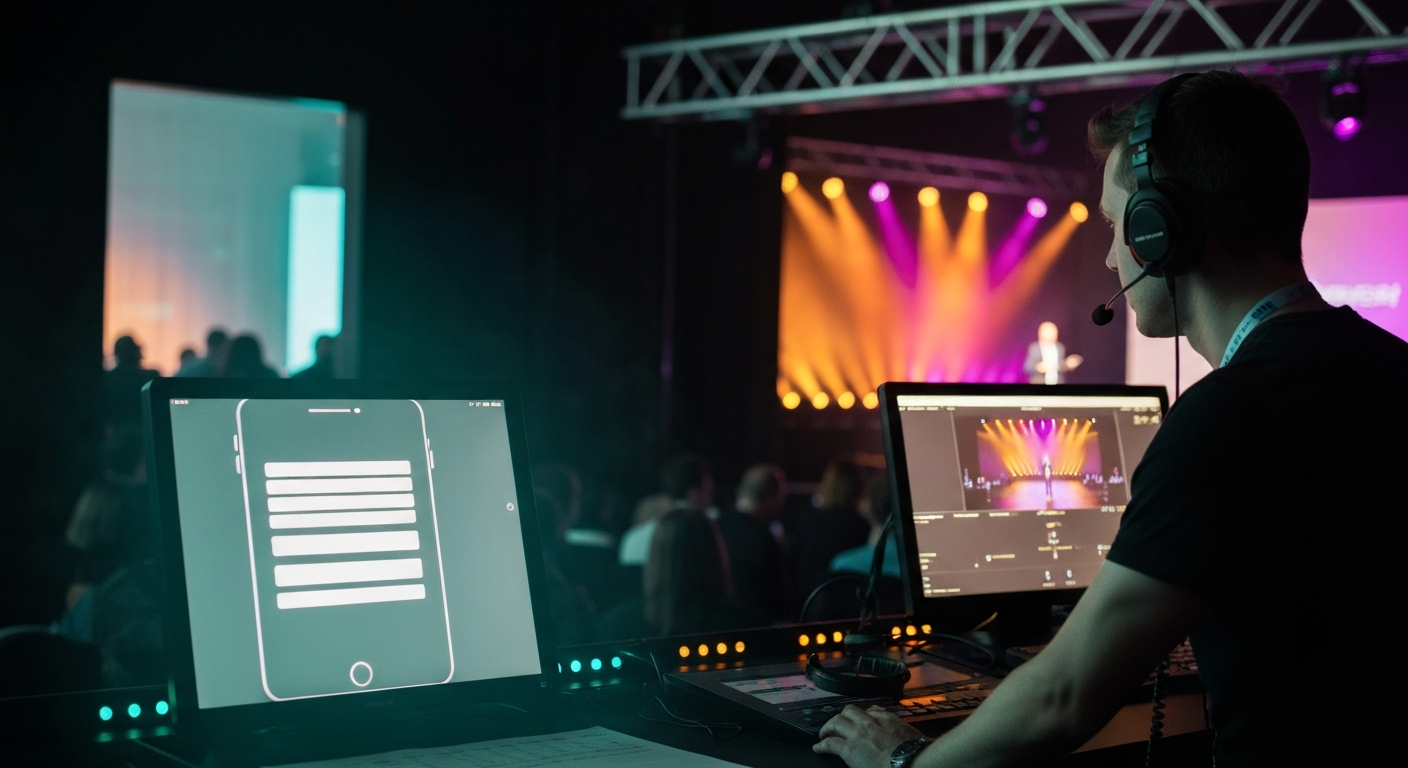 Production operator at a side-stage workstation during a live conference broadcast, headphones on, monitoring the attendee-side live feed view on one screen while the stage feed plays on the adjacent monitor